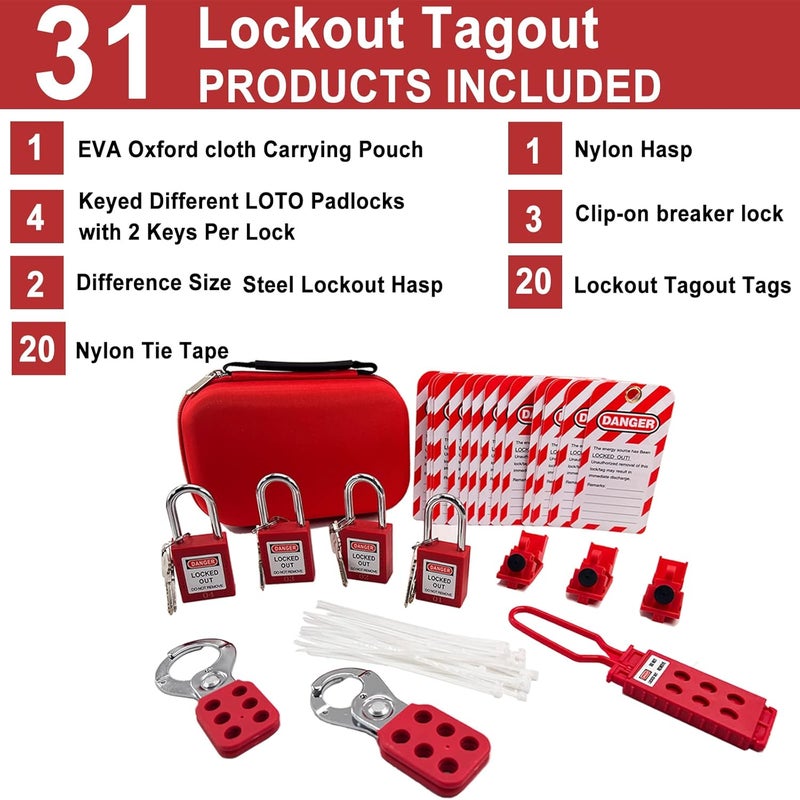 Young Dance Lockout Tagout Kit Electrical Loto - Group Lockout Hasps, Lockout Tags, Safety Padlocks with Number, Nylon Ties with Pocket Bag(Red Kit) - Image 5